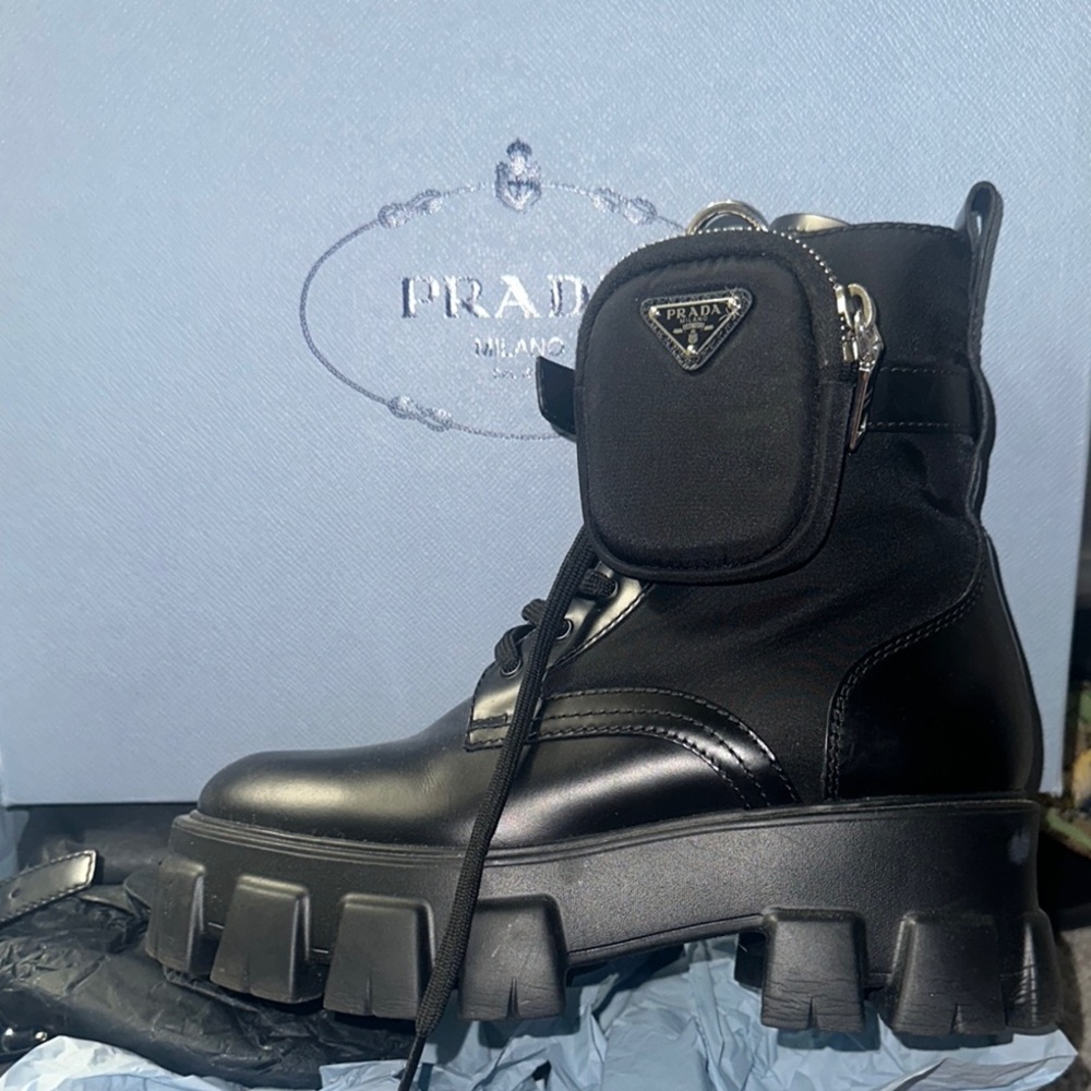Prada Black Combat Moto Boots with Glossy Finish